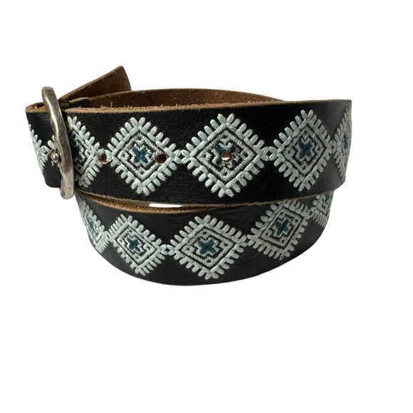 Genuine LUCKY BRAND Black Leather Embroidered Belt For Women Size S Southwestern